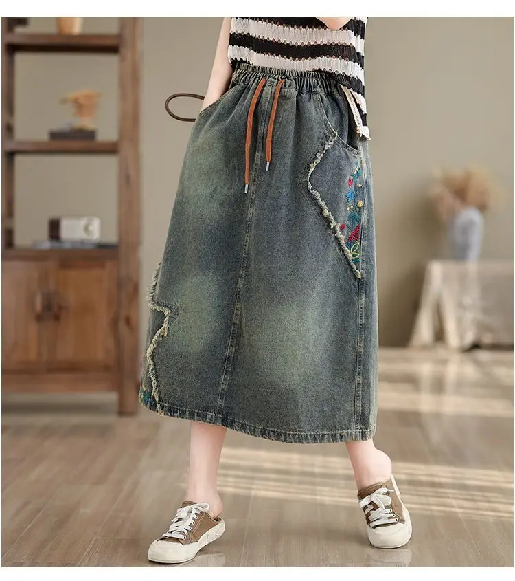High waist Embroidered Denim Skirt For women Spring Summer 2026 Loose Elastic waist tie Versatile  A-line Long Skirts Female