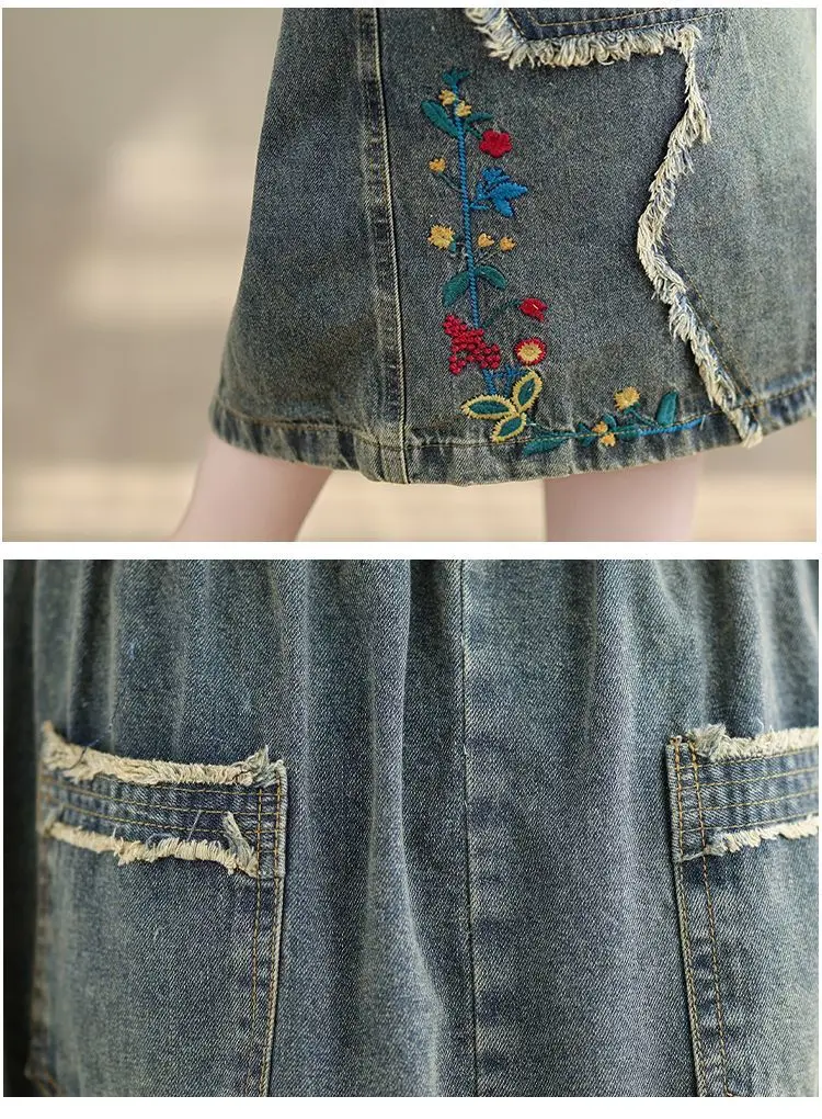 High waist Embroidered Denim Skirt For women Spring Summer 2026 Loose Elastic waist tie Versatile  A-line Long Skirts Female