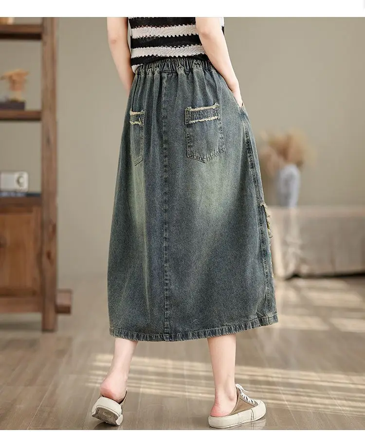 High waist Embroidered Denim Skirt For women Spring Summer 2026 Loose Elastic waist tie Versatile  A-line Long Skirts Female