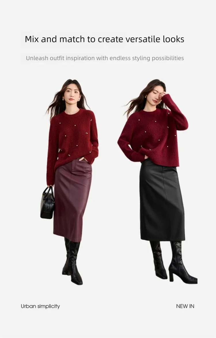 SENTUBILA Women's A-Line PU Leather Skirt 2026 Autumn New Back Split Hem Comfortable Commuter Casual Midi Skirt Ladies 153QA3200