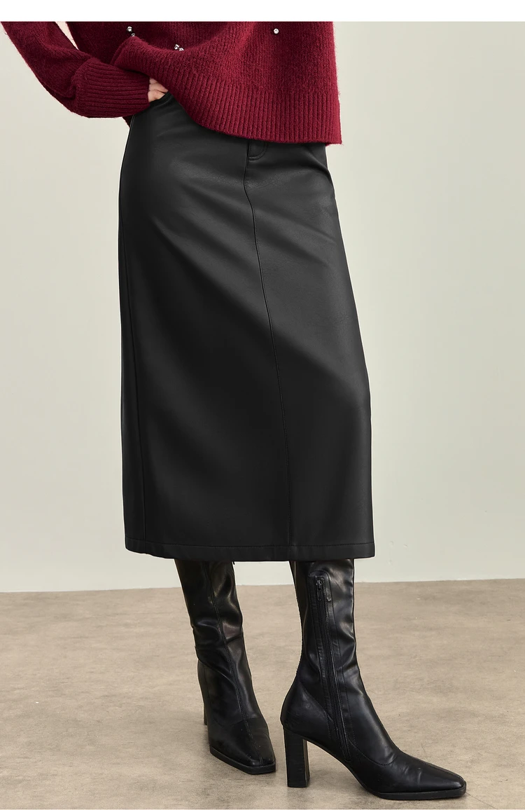 SENTUBILA Women's A-Line PU Leather Skirt 2026 Autumn New Back Split Hem Comfortable Commuter Casual Midi Skirt Ladies 153QA3200