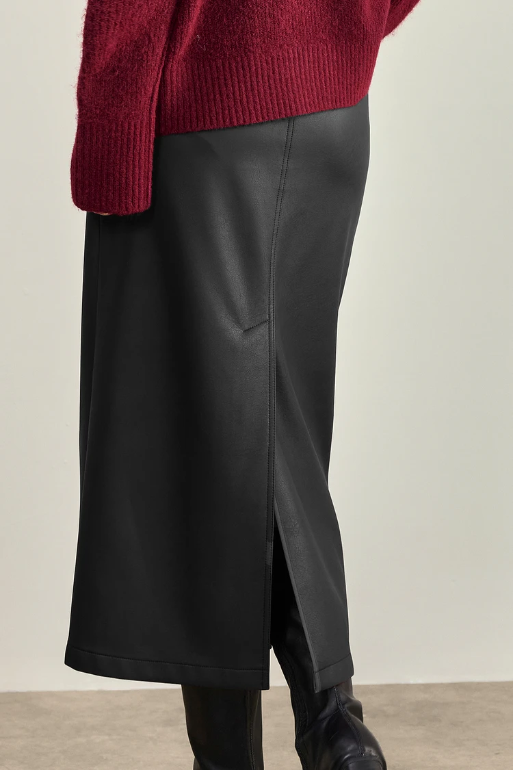 SENTUBILA Women's A-Line PU Leather Skirt 2026 Autumn New Back Split Hem Comfortable Commuter Casual Midi Skirt Ladies 153QA3200