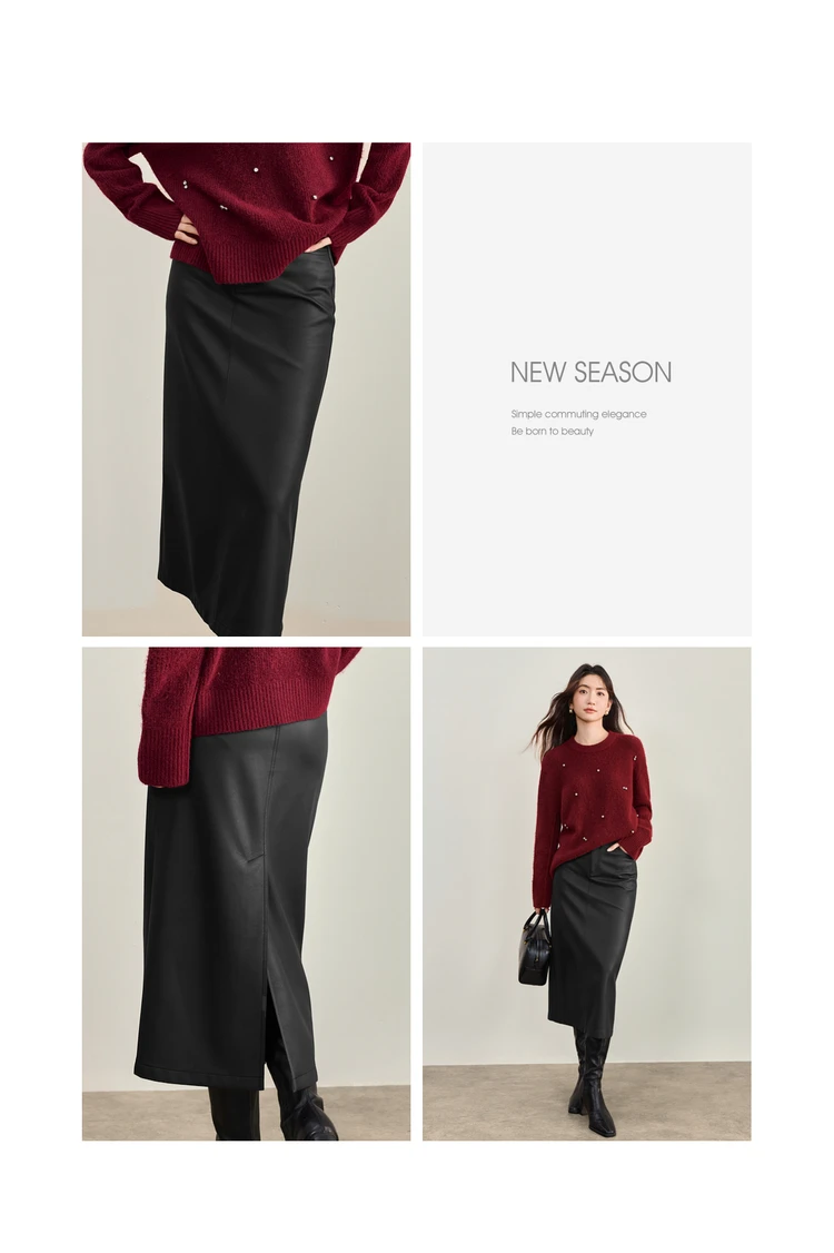 SENTUBILA Women's A-Line PU Leather Skirt 2026 Autumn New Back Split Hem Comfortable Commuter Casual Midi Skirt Ladies 153QA3200