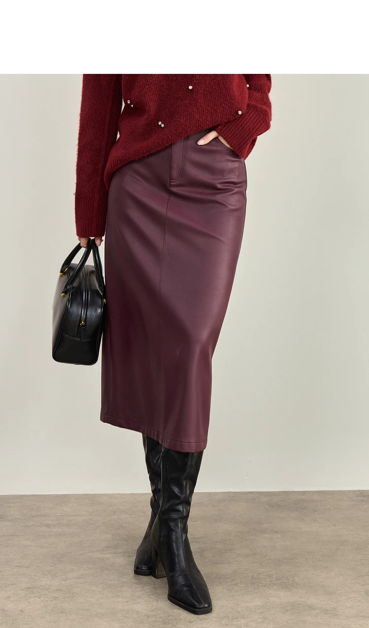 SENTUBILA Women's A-Line PU Leather Skirt 2026 Autumn New Back Split Hem Comfortable Commuter Casual Midi Skirt Ladies 153QA3200