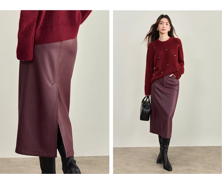 SENTUBILA Women's A-Line PU Leather Skirt 2026 Autumn New Back Split Hem Comfortable Commuter Casual Midi Skirt Ladies 153QA3200