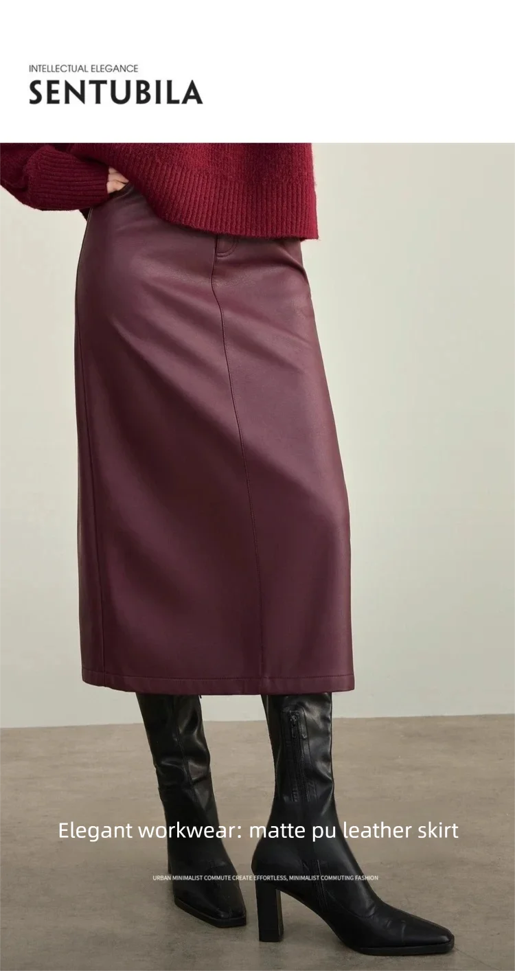 SENTUBILA Women's A-Line PU Leather Skirt 2026 Autumn New Back Split Hem Comfortable Commuter Casual Midi Skirt Ladies 153QA3200