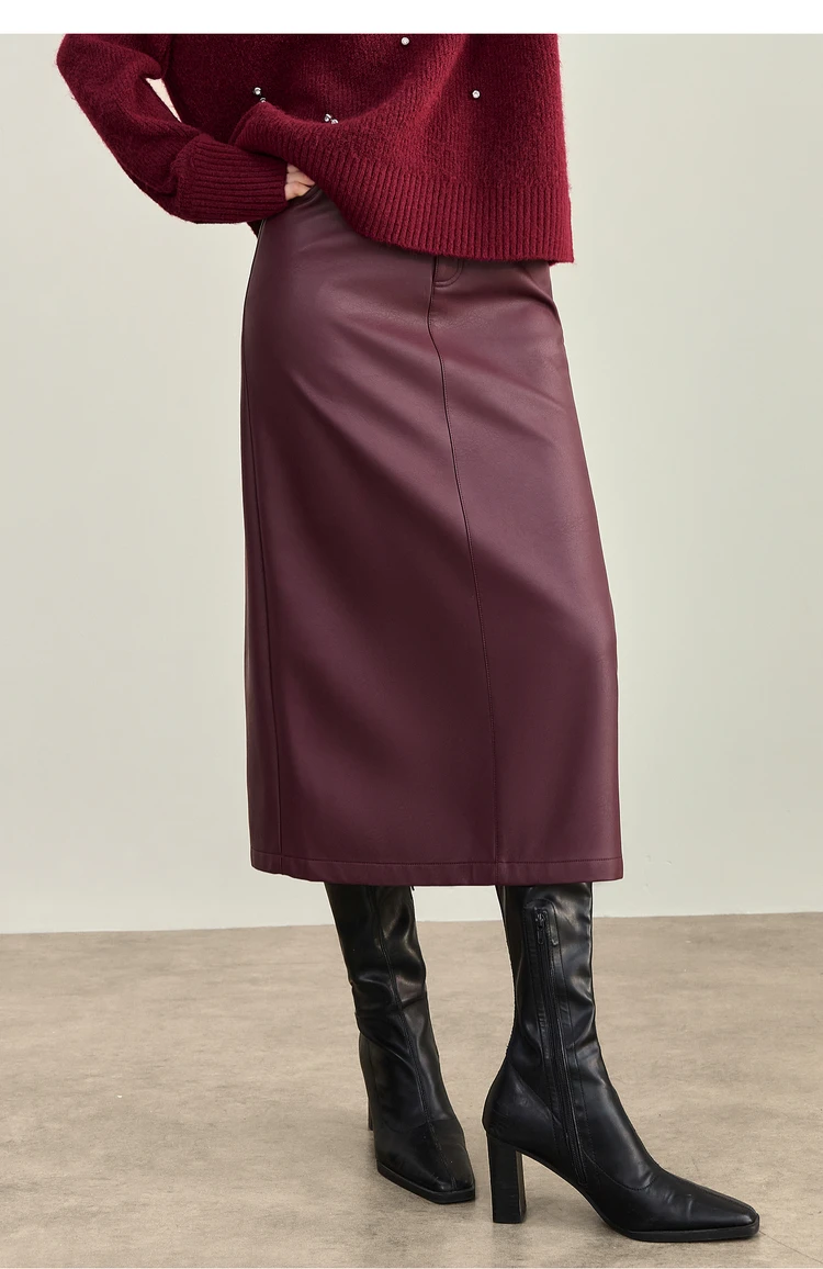 SENTUBILA Women's A-Line PU Leather Skirt 2026 Autumn New Back Split Hem Comfortable Commuter Casual Midi Skirt Ladies 153QA3200