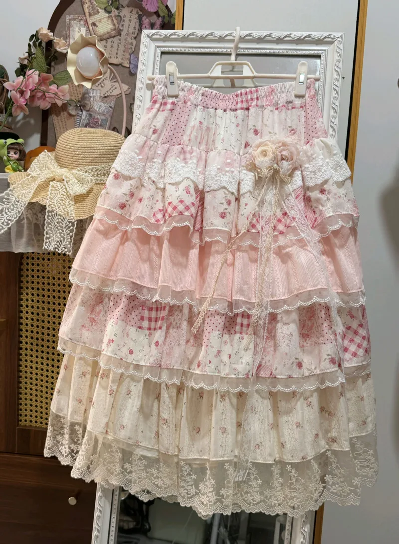 DCABT Irregular Patchwork Sweet Fairy Cake Skirt Women Summer Chic Fashion Pink Elastic Waist Chic Flower Party Puff Skirts A018