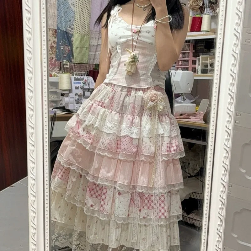 DCABT Irregular Patchwork Sweet Fairy Cake Skirt Women Summer Chic Fashion Pink Elastic Waist Chic Flower Party Puff Skirts A018