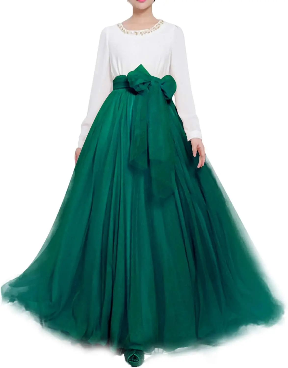 Women Wedding Long Maxi Puffy Tulle Skirt Floor Length A Line with Bowknot Belt High Waisted for Wedding Party Evening