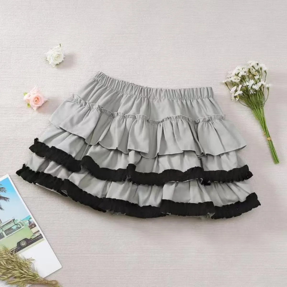 Y2K Black White Print Mini Skirt Women Slim Design Ruffle Layered A Line Skirt Elastic Waist Harajuku Pleated Short Piano Skirts