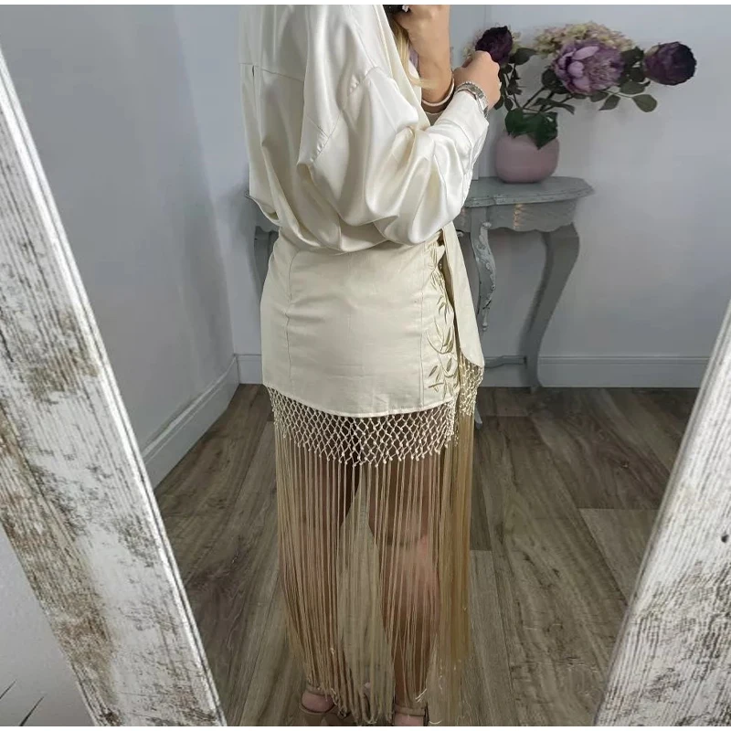 Embroidered Tassel Splicing Skirt Women Chic Hollow Out High Waist Pleated See Through Skirts 2025 Lady Summer Chic Streetwear