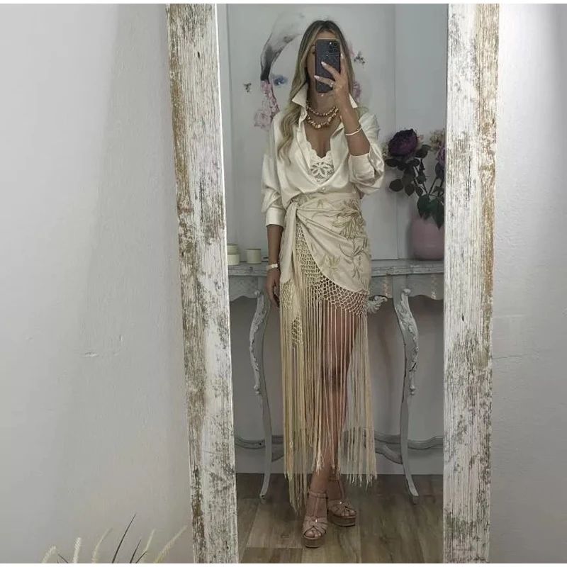 Embroidered Tassel Splicing Skirt Women Chic Hollow Out High Waist Pleated See Through Skirts 2025 Lady Summer Chic Streetwear