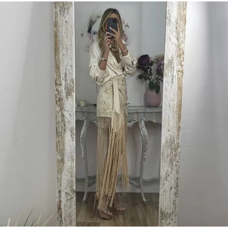 Embroidered Tassel Splicing Skirt Women Chic Hollow Out High Waist Pleated See Through Skirts 2025 Lady Summer Chic Streetwear