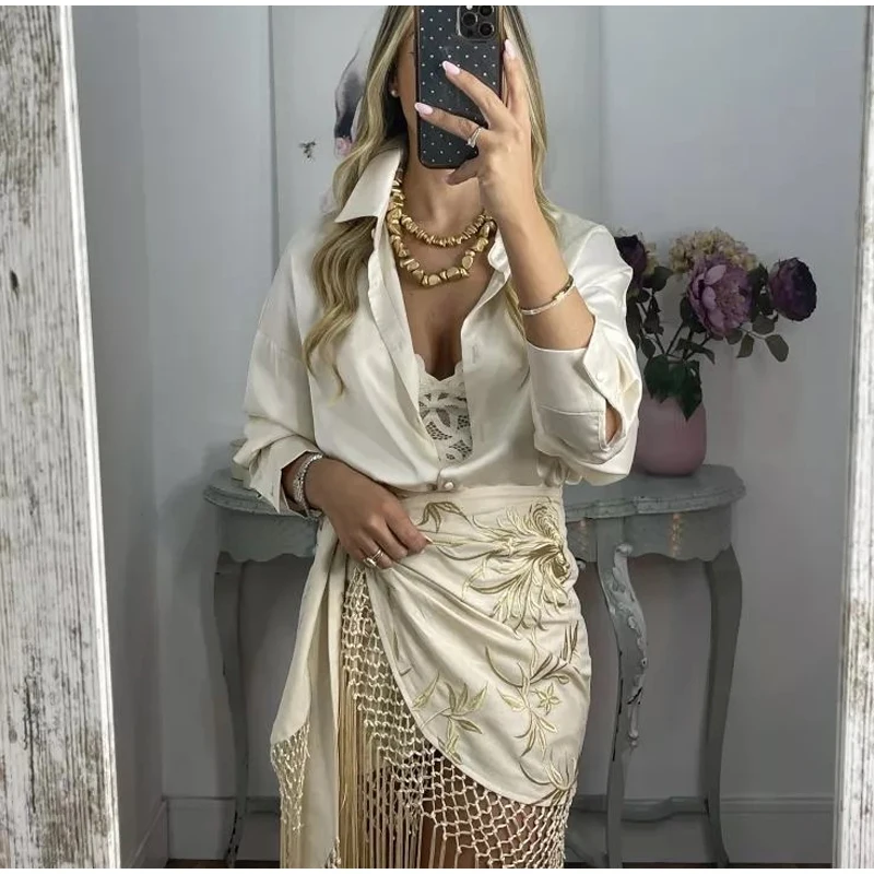 Embroidered Tassel Splicing Skirt Women Chic Hollow Out High Waist Pleated See Through Skirts 2025 Lady Summer Chic Streetwear
