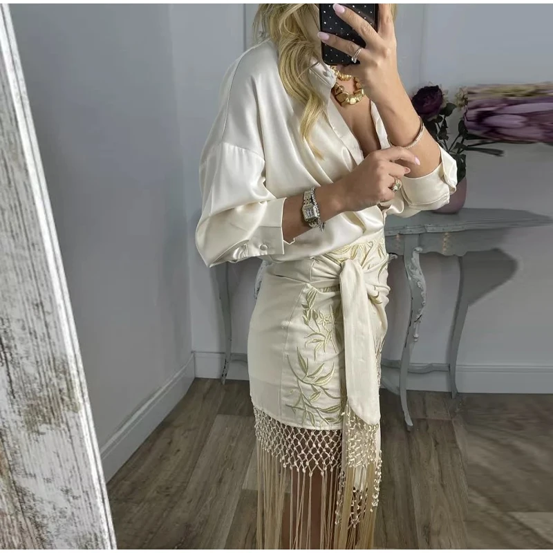 Embroidered Tassel Splicing Skirt Women Chic Hollow Out High Waist Pleated See Through Skirts 2025 Lady Summer Chic Streetwear