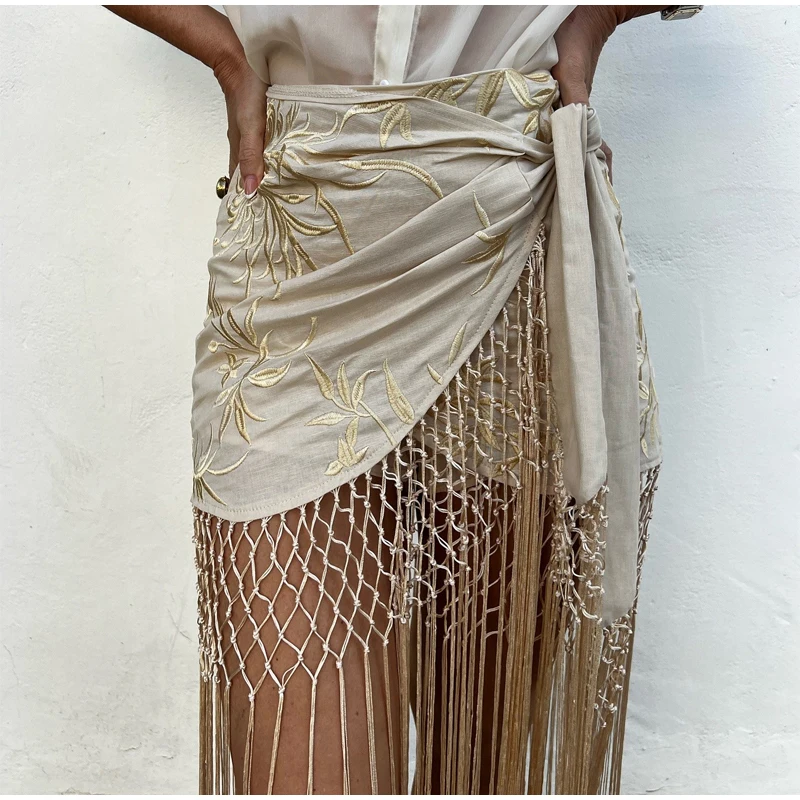 Embroidered Tassel Splicing Skirt Women Chic Hollow Out High Waist Pleated See Through Skirts 2025 Lady Summer Chic Streetwear