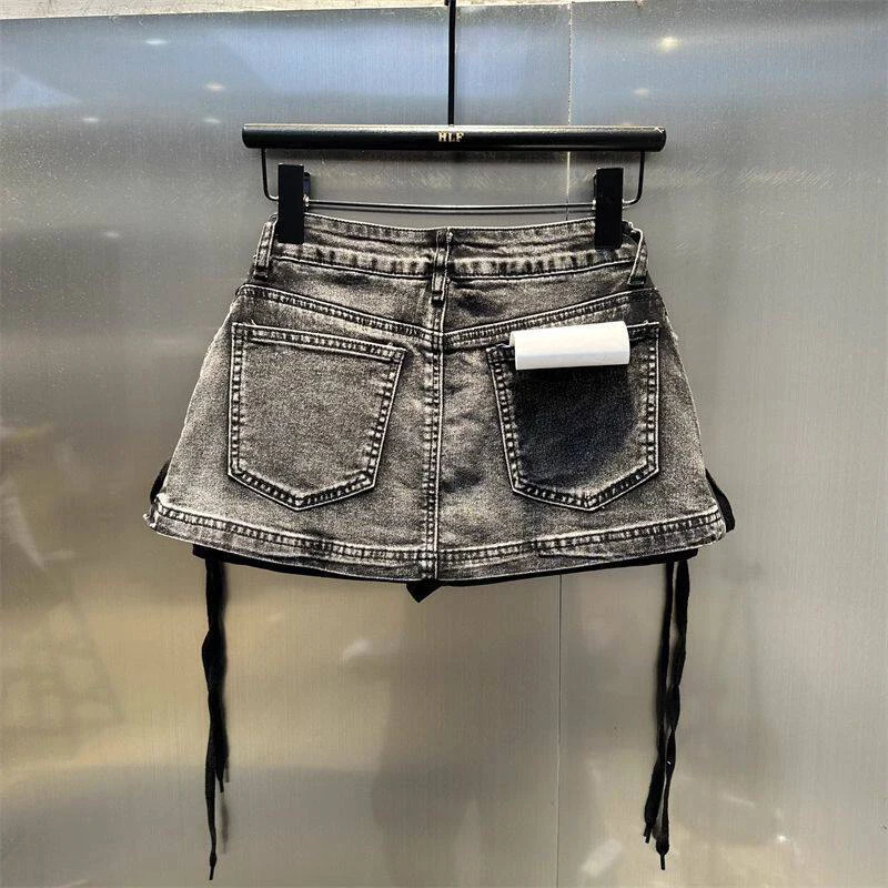 Leopard Print Denim Skort Women Vintage High Street Lace Up Bodycon Mini Skirt Y2K Summer Casual Skirts with Built-in Shorts
