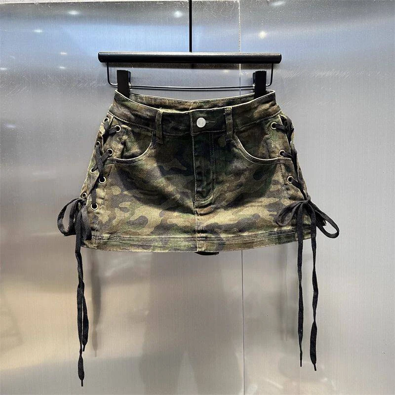 Leopard Print Denim Skort Women Vintage High Street Lace Up Bodycon Mini Skirt Y2K Summer Casual Skirts with Built-in Shorts