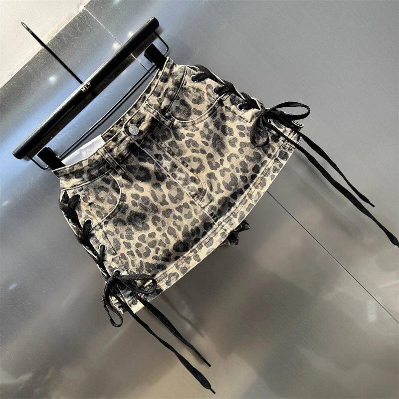Leopard Print Denim Skort Women Vintage High Street Lace Up Bodycon Mini Skirt Y2K Summer Casual Skirts with Built-in Shorts
