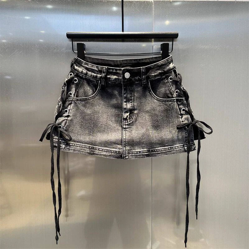 Leopard Print Denim Skort Women Vintage High Street Lace Up Bodycon Mini Skirt Y2K Summer Casual Skirts with Built-in Shorts