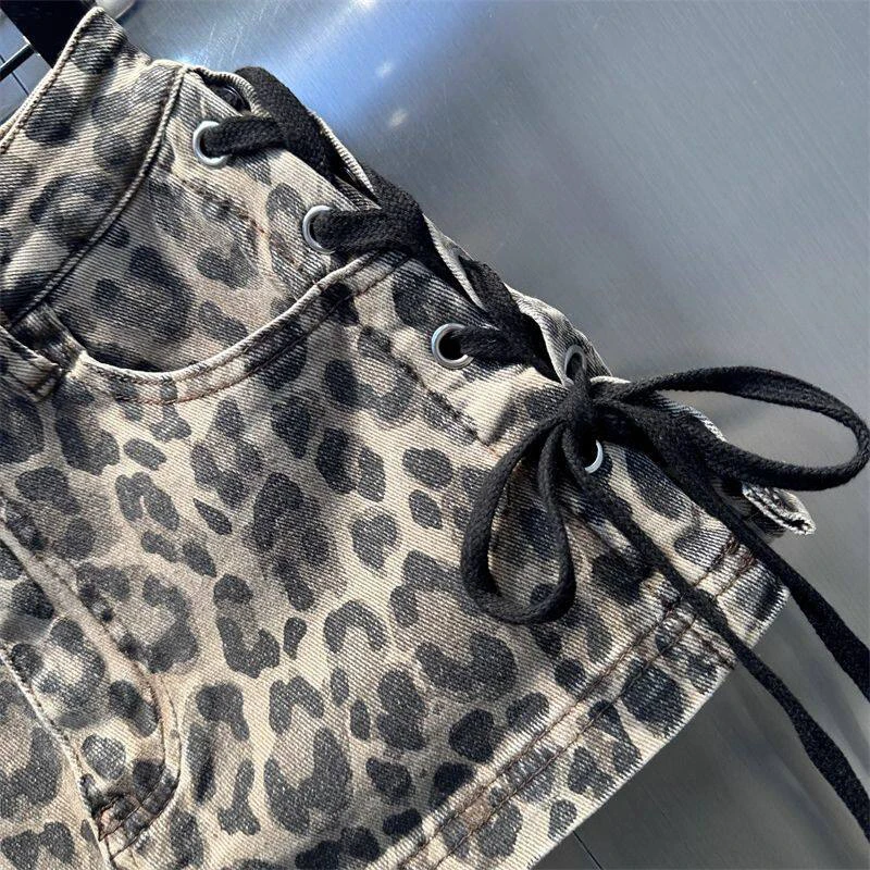 Leopard Print Denim Skort Women Vintage High Street Lace Up Bodycon Mini Skirt Y2K Summer Casual Skirts with Built-in Shorts
