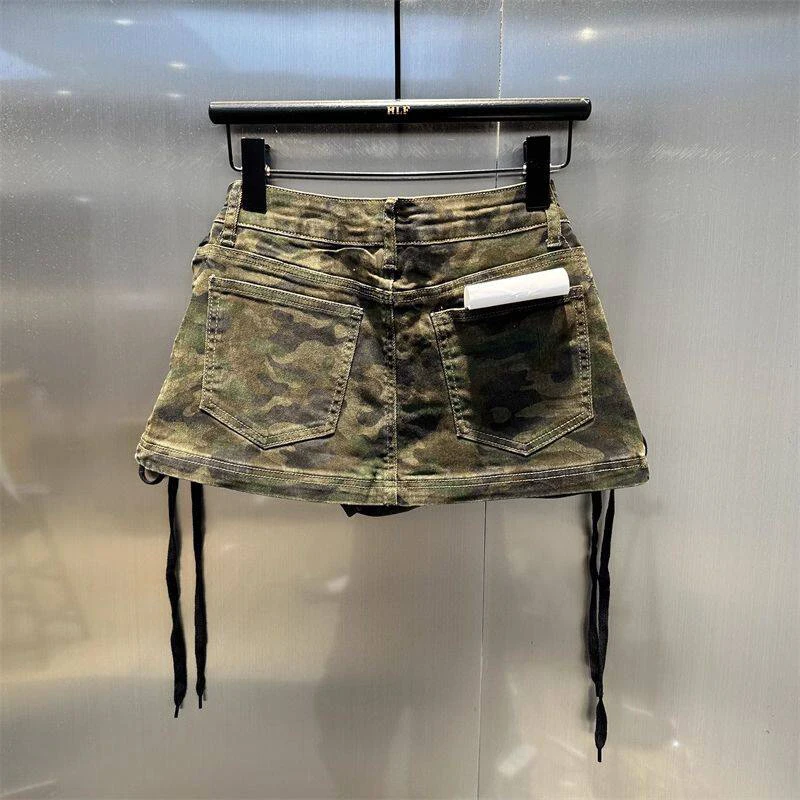 Leopard Print Denim Skort Women Vintage High Street Lace Up Bodycon Mini Skirt Y2K Summer Casual Skirts with Built-in Shorts