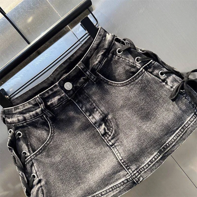 Leopard Print Denim Skort Women Vintage High Street Lace Up Bodycon Mini Skirt Y2K Summer Casual Skirts with Built-in Shorts