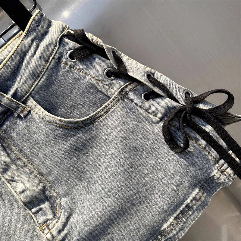 Leopard Print Denim Skort Women Vintage High Street Lace Up Bodycon Mini Skirt Y2K Summer Casual Skirts with Built-in Shorts