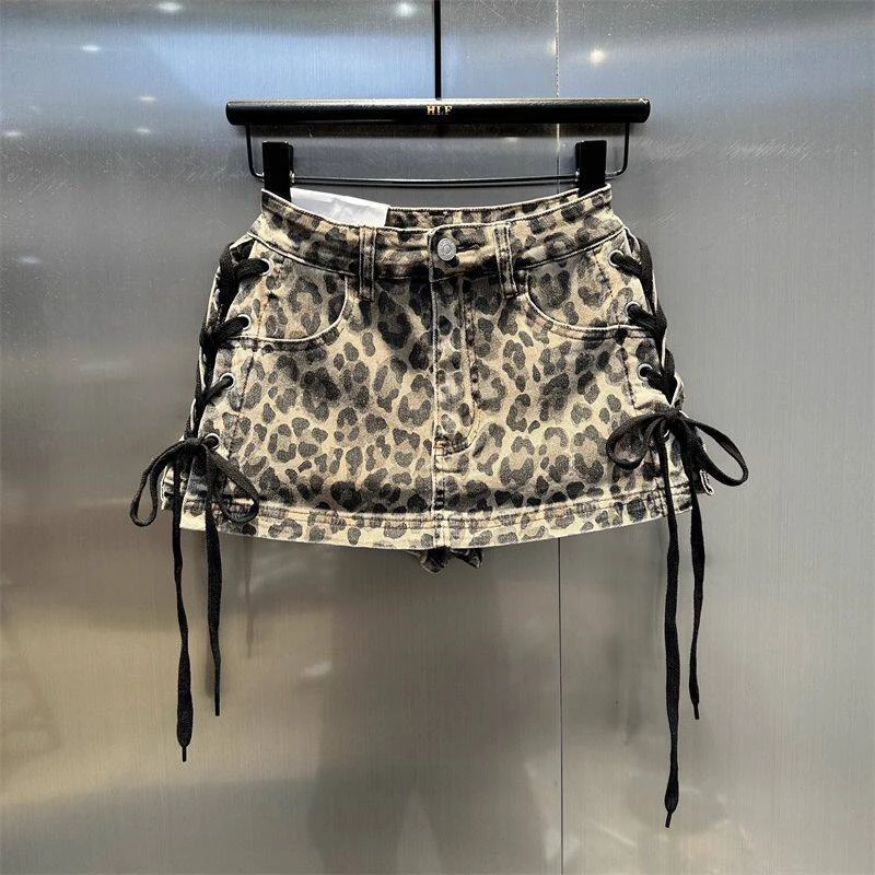 Leopard Print Denim Skort Women Vintage High Street Lace Up Bodycon Mini Skirt Y2K Summer Casual Skirts with Built-in Shorts