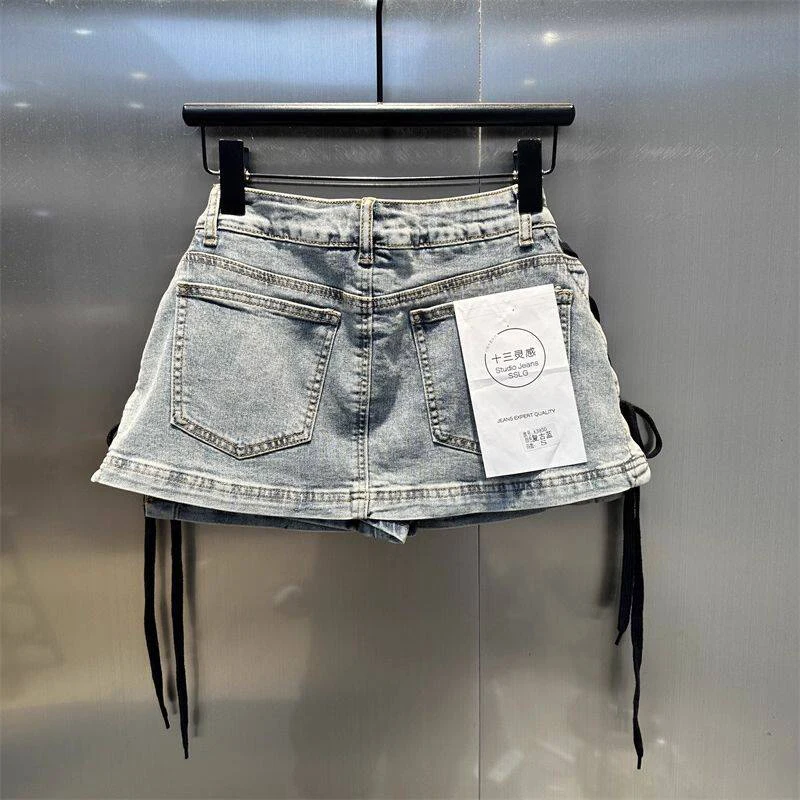 Leopard Print Denim Skort Women Vintage High Street Lace Up Bodycon Mini Skirt Y2K Summer Casual Skirts with Built-in Shorts