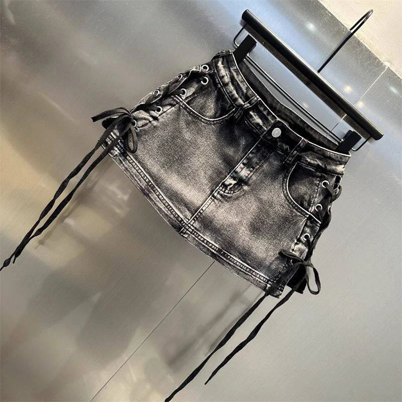 Leopard Print Denim Skort Women Vintage High Street Lace Up Bodycon Mini Skirt Y2K Summer Casual Skirts with Built-in Shorts