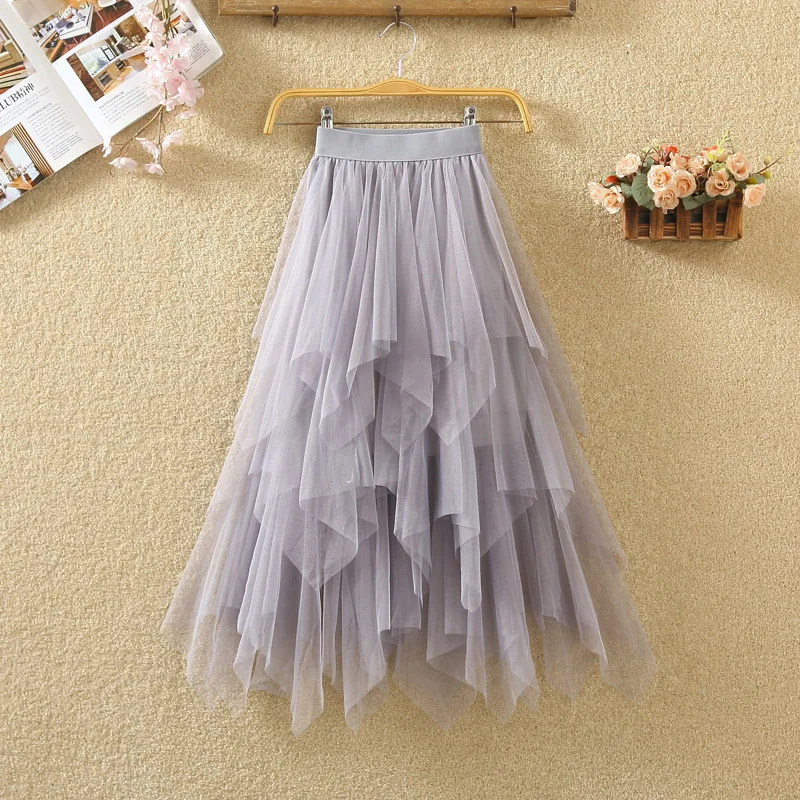 Women irregular Tulle Skirts Fashion Elastic High Waist Mesh Tutu Skirt Pleated Long Skirts Midi Skirt Saias Faldas Jupe Femmle