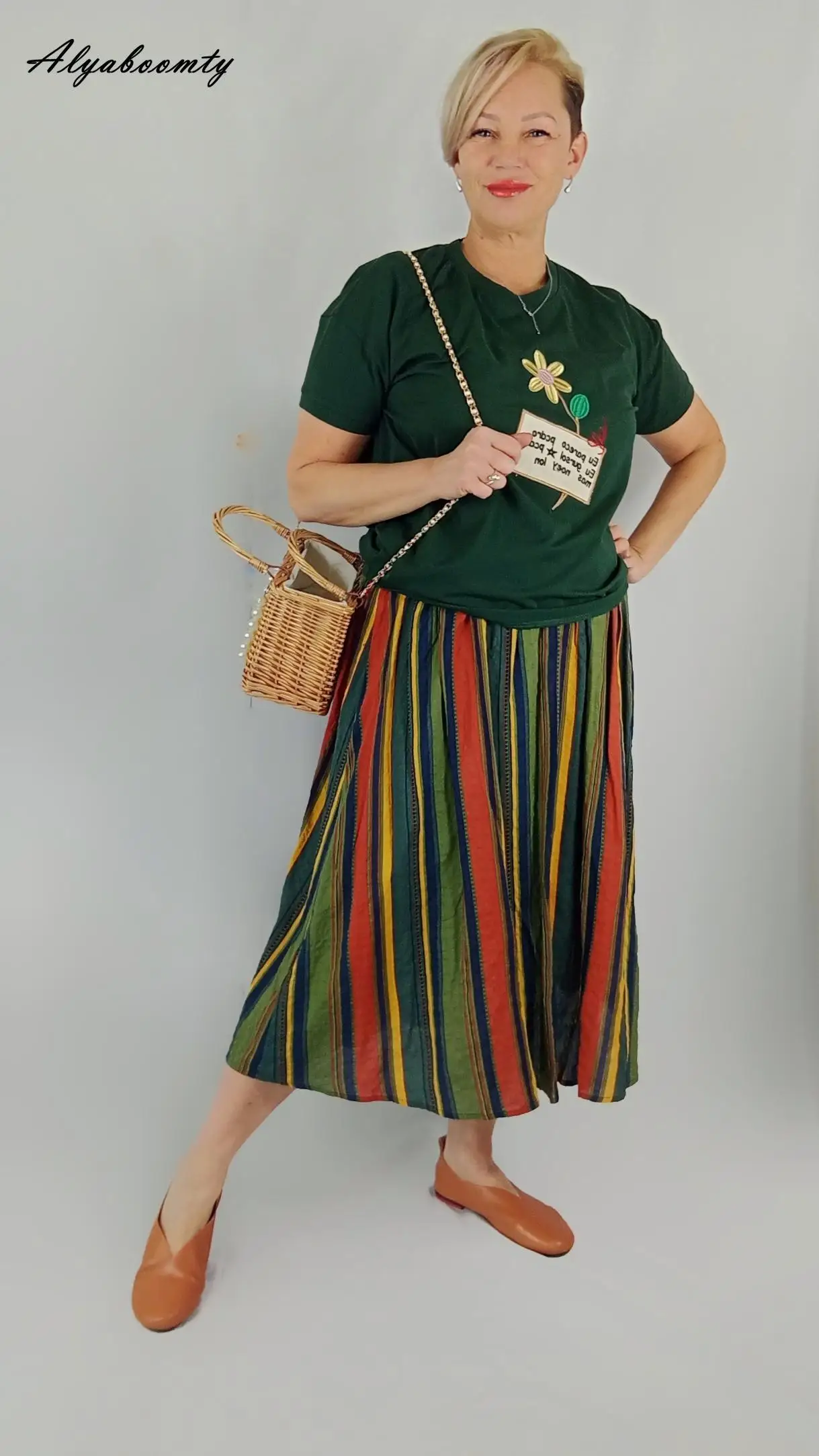 New Japanese Mori Girl Women Midi Skirt High Waist Colorful Striped Jupe Femme Longo Elegant Vintage Cotton Linen Skirts Womens