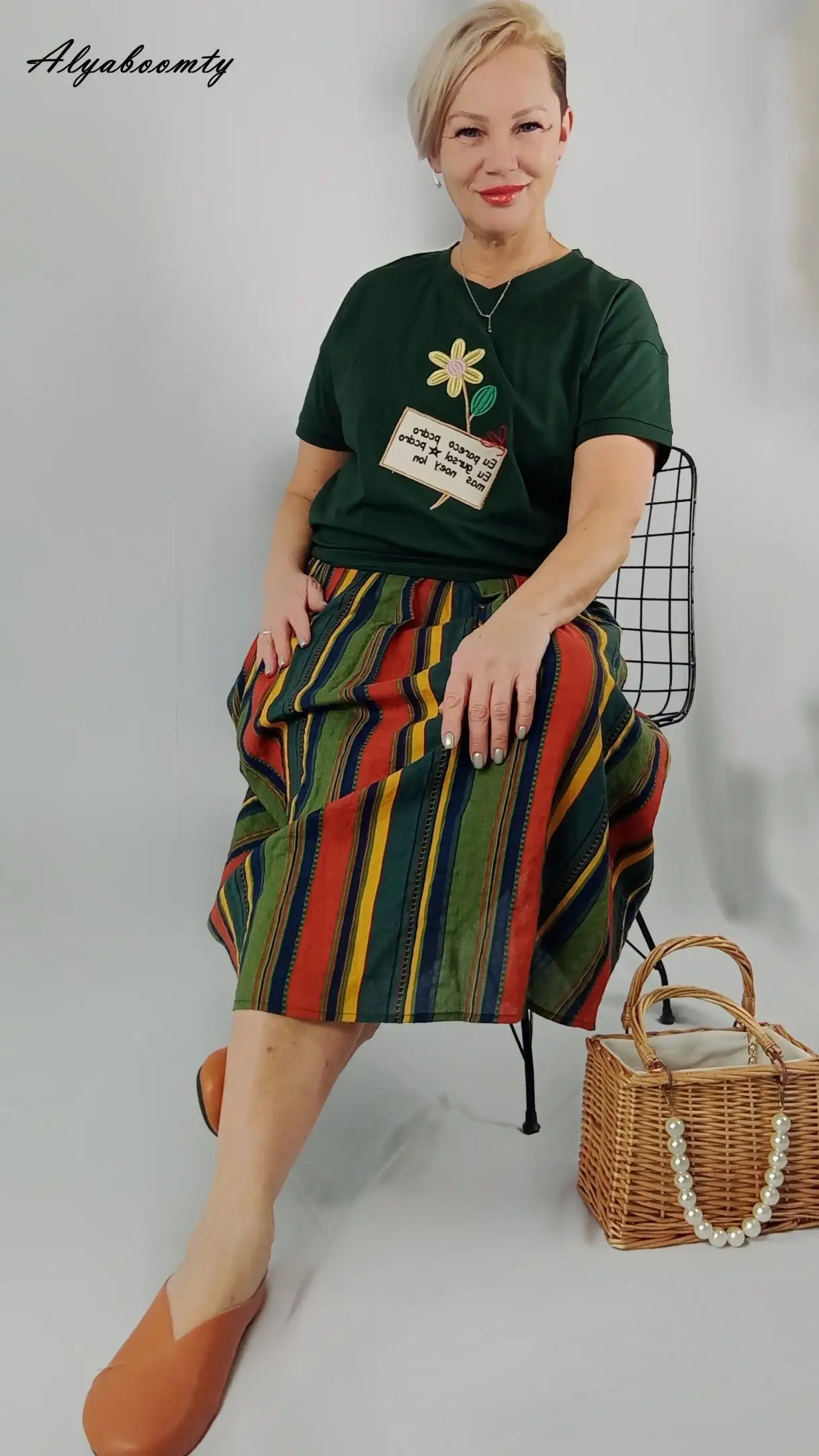 New Japanese Mori Girl Women Midi Skirt High Waist Colorful Striped Jupe Femme Longo Elegant Vintage Cotton Linen Skirts Womens