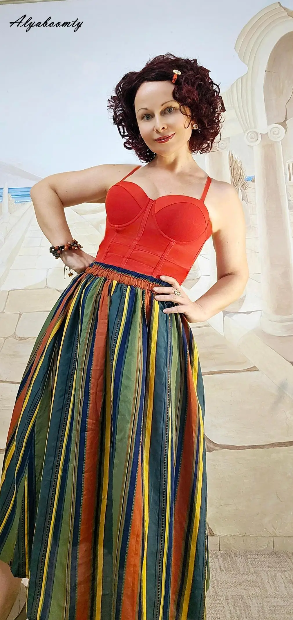 New Japanese Mori Girl Women Midi Skirt High Waist Colorful Striped Jupe Femme Longo Elegant Vintage Cotton Linen Skirts Womens