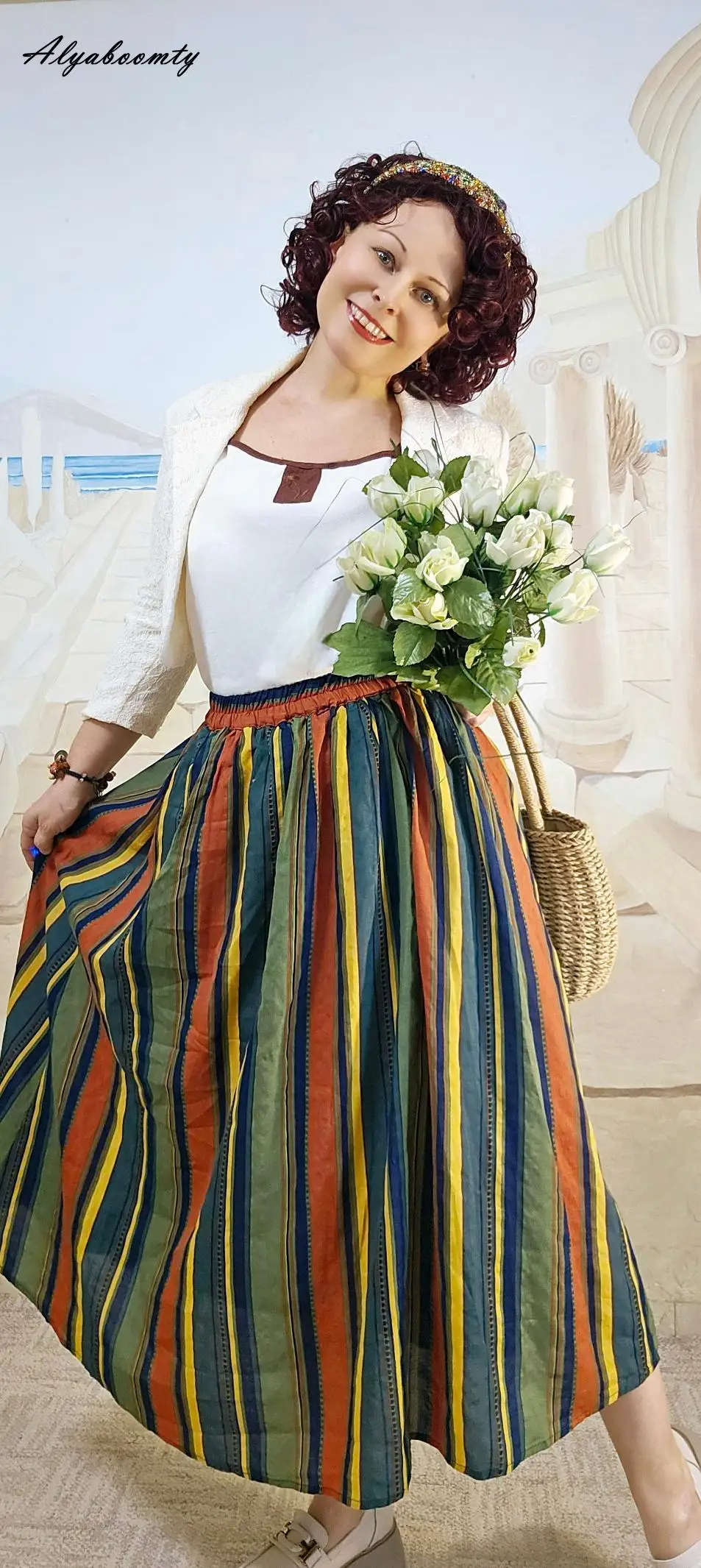 New Japanese Mori Girl Women Midi Skirt High Waist Colorful Striped Jupe Femme Longo Elegant Vintage Cotton Linen Skirts Womens
