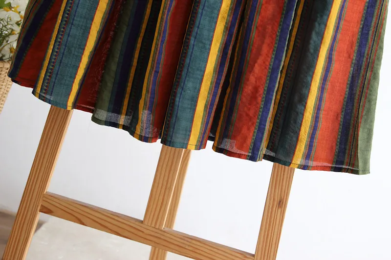 New Japanese Mori Girl Women Midi Skirt High Waist Colorful Striped Jupe Femme Longo Elegant Vintage Cotton Linen Skirts Womens