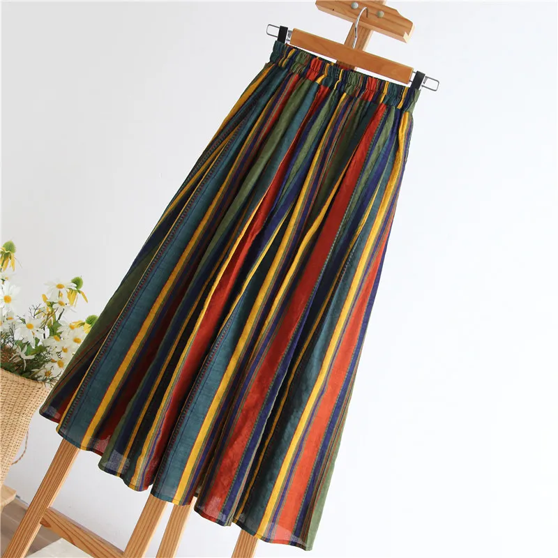 New Japanese Mori Girl Women Midi Skirt High Waist Colorful Striped Jupe Femme Longo Elegant Vintage Cotton Linen Skirts Womens