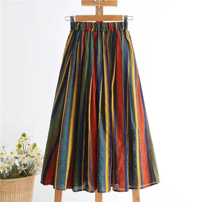 New Japanese Mori Girl Women Midi Skirt High Waist Colorful Striped Jupe Femme Longo Elegant Vintage Cotton Linen Skirts Womens