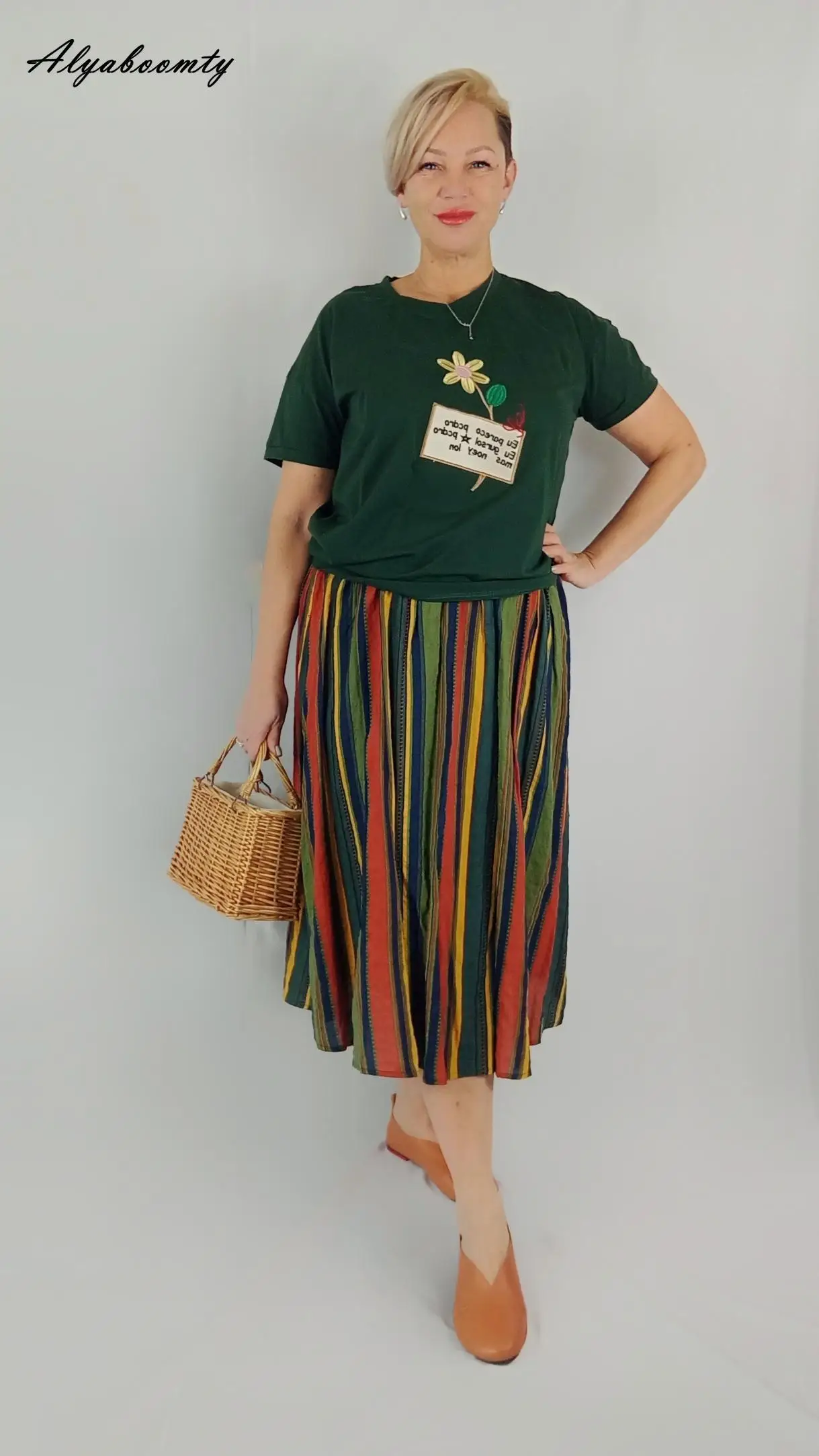New Japanese Mori Girl Women Midi Skirt High Waist Colorful Striped Jupe Femme Longo Elegant Vintage Cotton Linen Skirts Womens