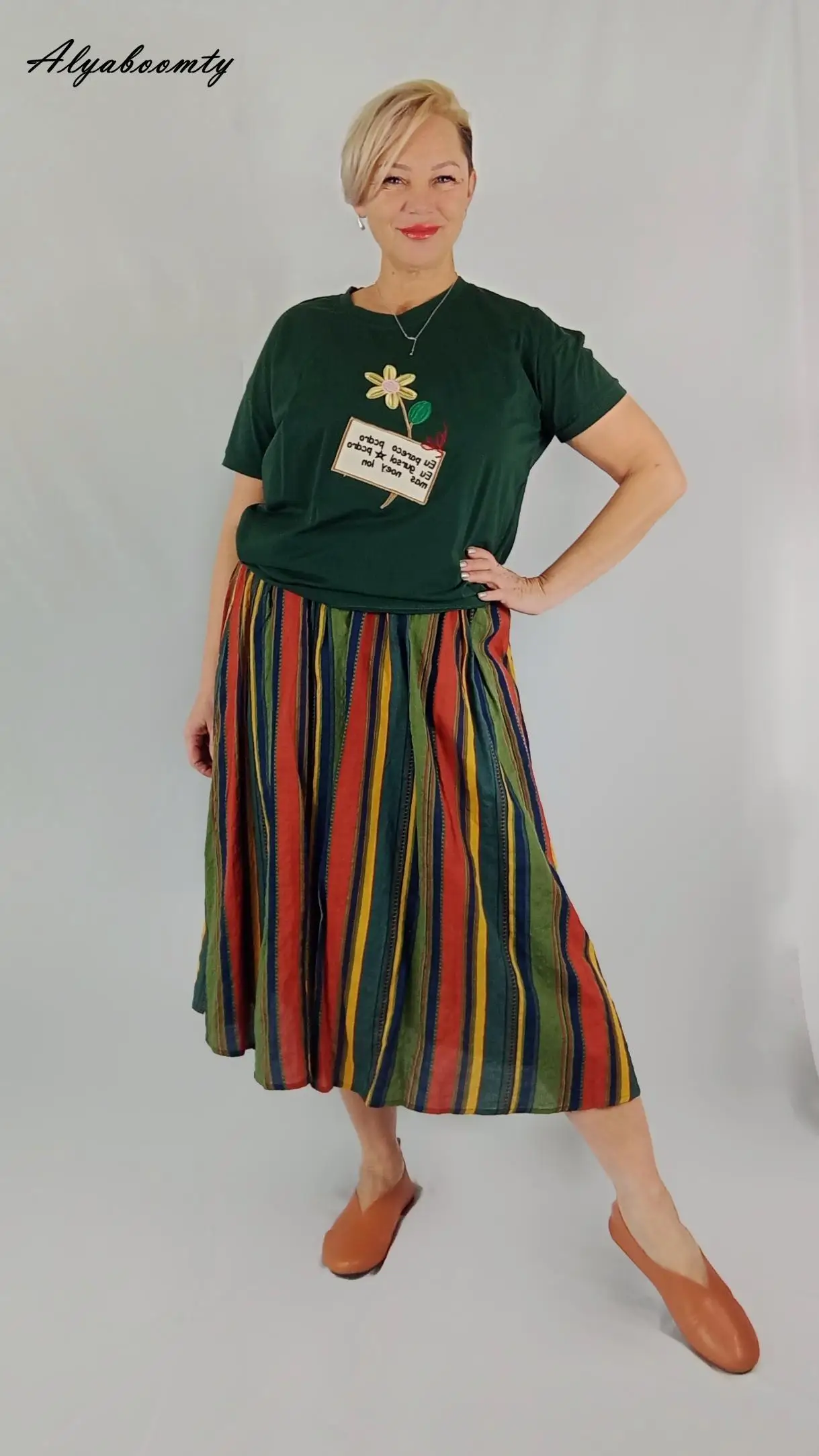 New Japanese Mori Girl Women Midi Skirt High Waist Colorful Striped Jupe Femme Longo Elegant Vintage Cotton Linen Skirts Womens