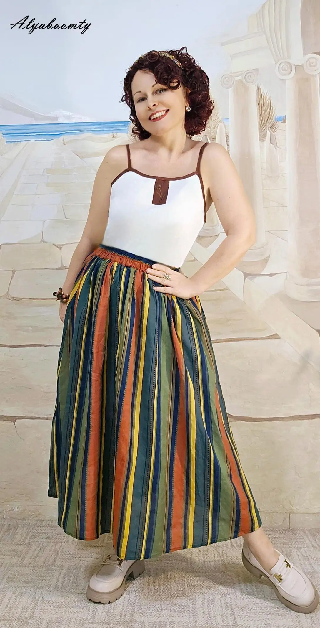 New Japanese Mori Girl Women Midi Skirt High Waist Colorful Striped Jupe Femme Longo Elegant Vintage Cotton Linen Skirts Womens
