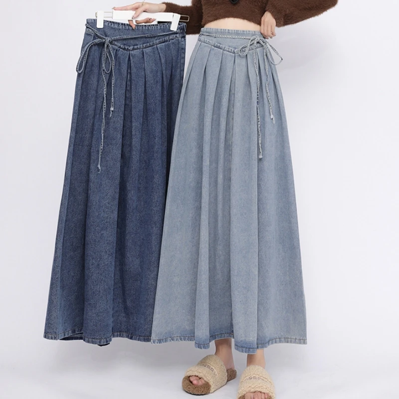 Lace Up Corset Midi Long Skirts Women Spring Summer Korea Style Vintage High Waist Jean Skirt A-Line Ruffle Pleated Denim Skirt