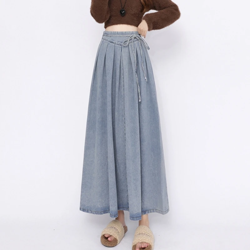 Lace Up Corset Midi Long Skirts Women Spring Summer Korea Style Vintage High Waist Jean Skirt A-Line Ruffle Pleated Denim Skirt