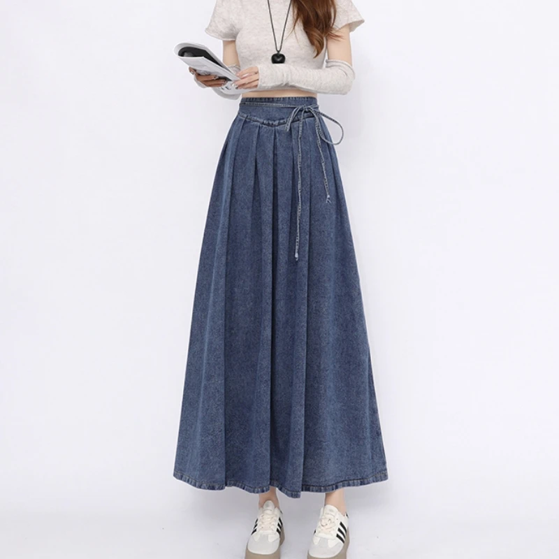 Lace Up Corset Midi Long Skirts Women Spring Summer Korea Style Vintage High Waist Jean Skirt A-Line Ruffle Pleated Denim Skirt