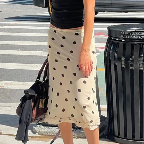 Y2k Fairy Coquette Skirts Dress Women's Midi Skirt See Through Low Rise Ruffled Hem Dot Pattern White Black Mesh Sheer Skirt