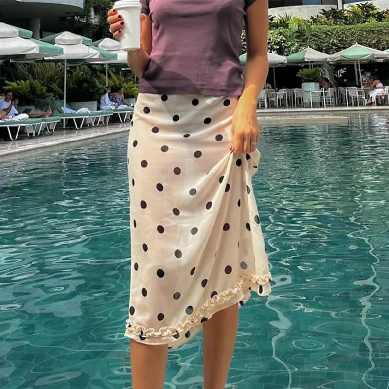 Y2k Fairy Coquette Skirts Dress Women's Midi Skirt See Through Low Rise Ruffled Hem Dot Pattern White Black Mesh Sheer Skirt