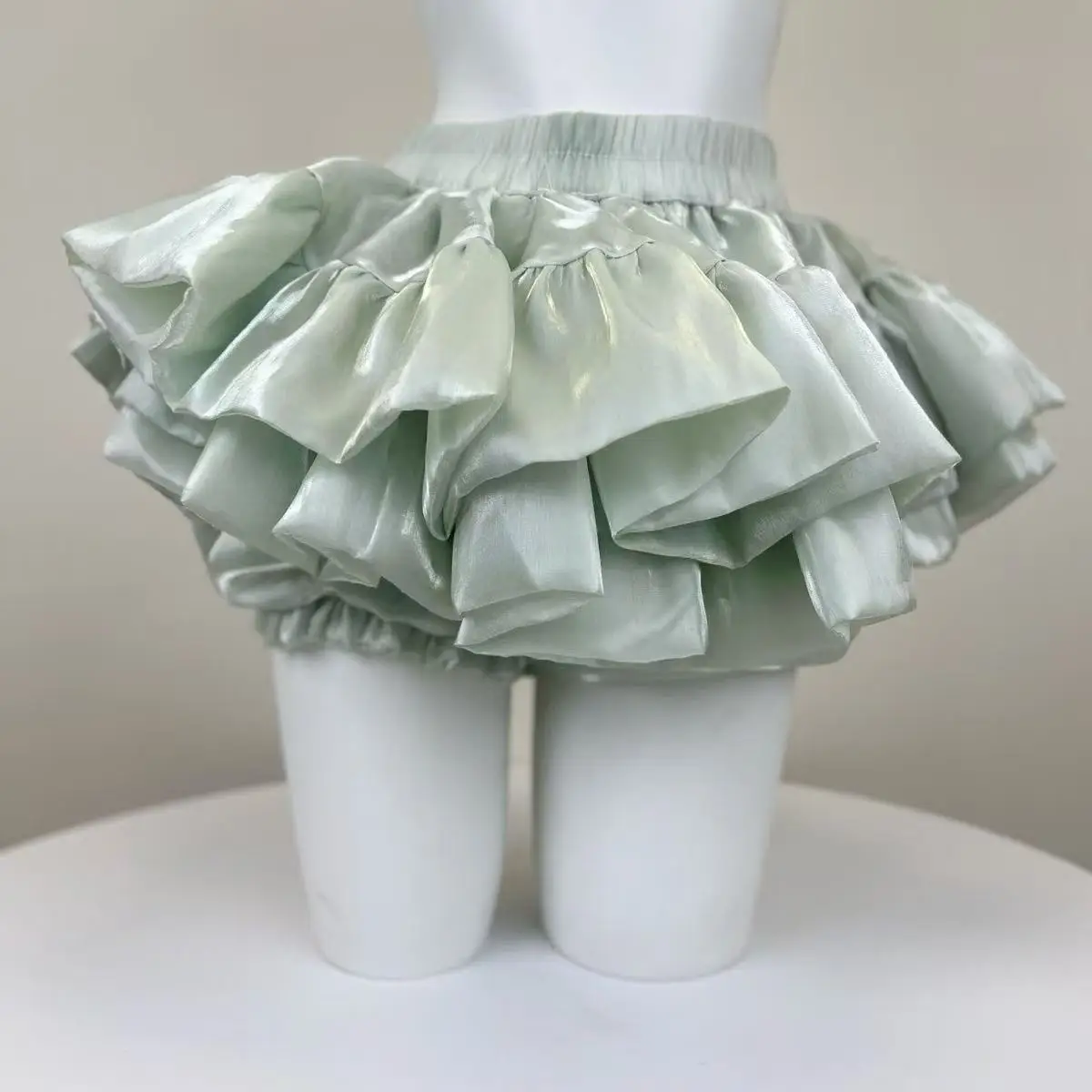 Y2K Sweet and Kawaii Shiny Satin Tiered Ruffle Puff Bloomers High Waist Elastic Waist Anti-Exposure All-match Mini Skirt 7Color