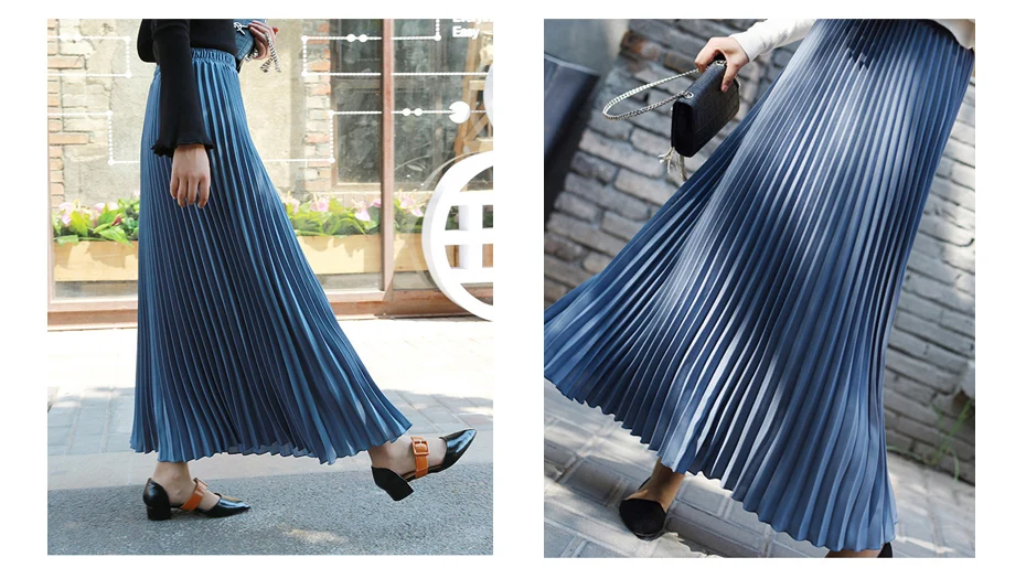 Vintage Pleated Midi Long Skirt For Women Korean Fashion Casual High Waist Chiffon Skirts Jupe Faldas 18 Color Spring Autumn